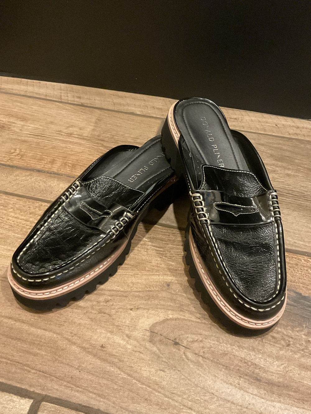 Preowned Donald Pliner Hillie TP black patent leather mule penny loafer shoes 8